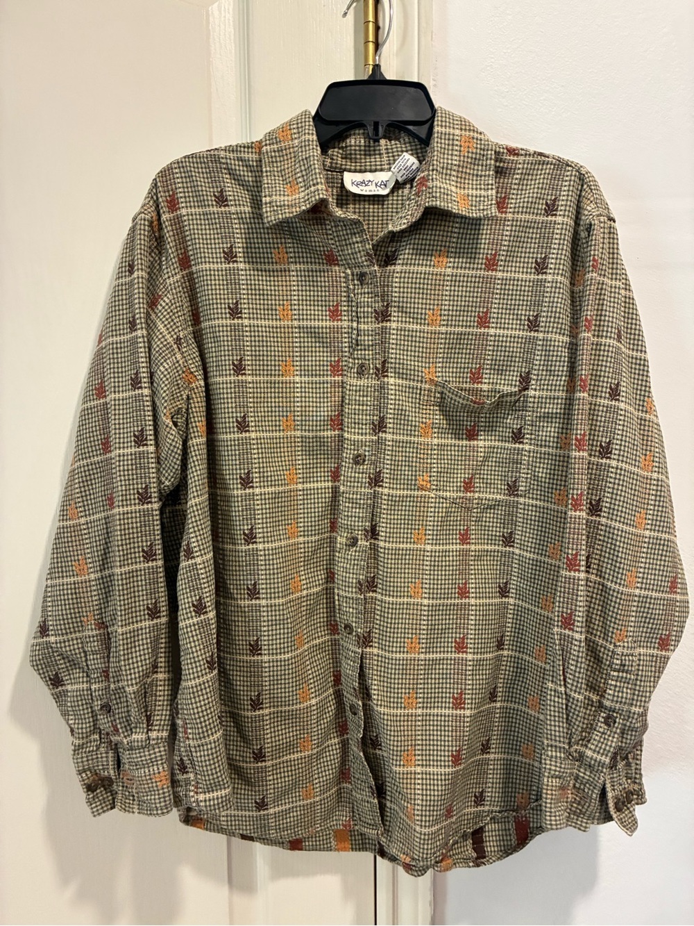 Krazy Kat Woman Vintage Plaid Fall Leaf Embroidered Shirt 1x